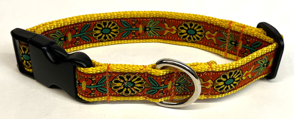 Orange with Yellow Flower Design Dog Collar 1in