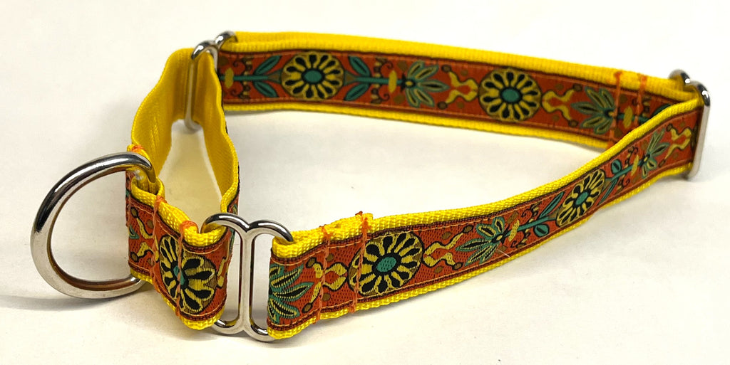 Orange with Yellow Flower Design Martingale Collar 1in