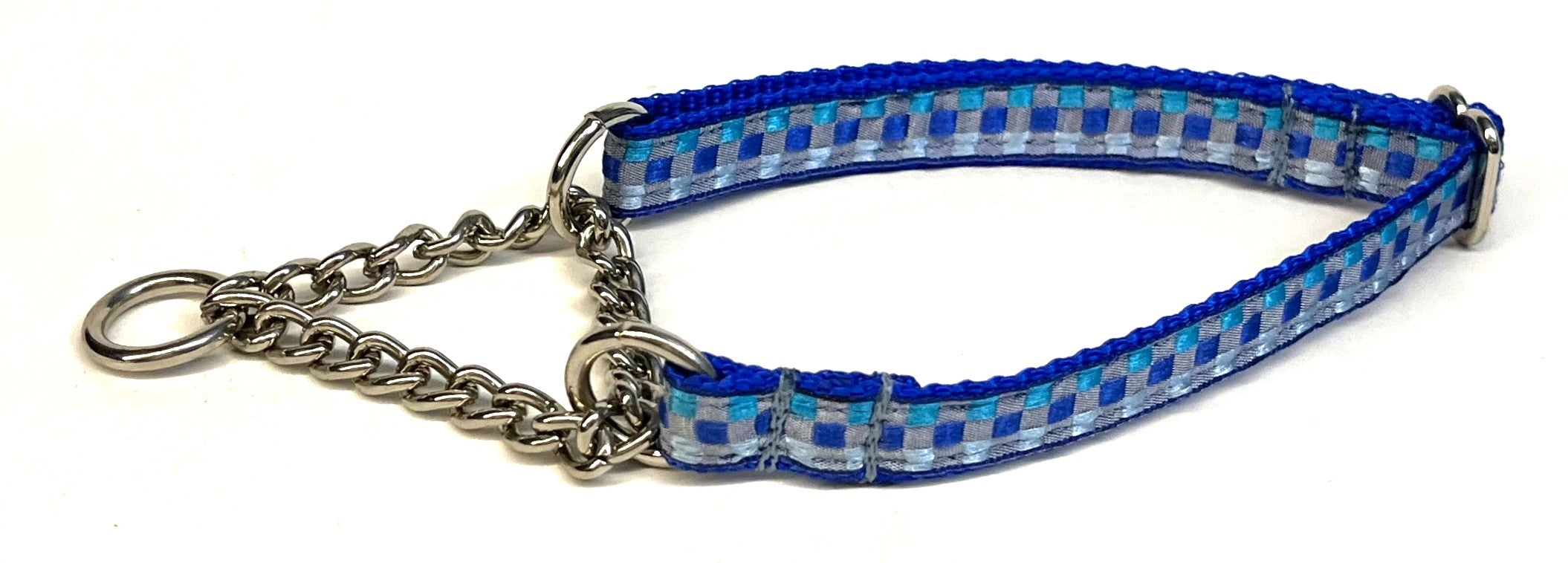 Pale Blue, Light Blue, Blue & Turquoise Plaid Chain Martingale Collar 1/2
