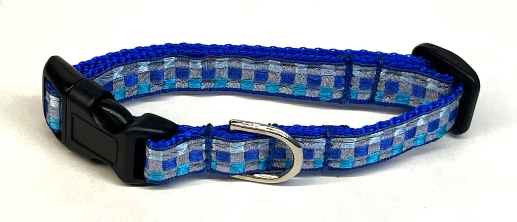 Pale Blue, Light Blue, Blue & Turquoise Plaid Dog Collar 1/2