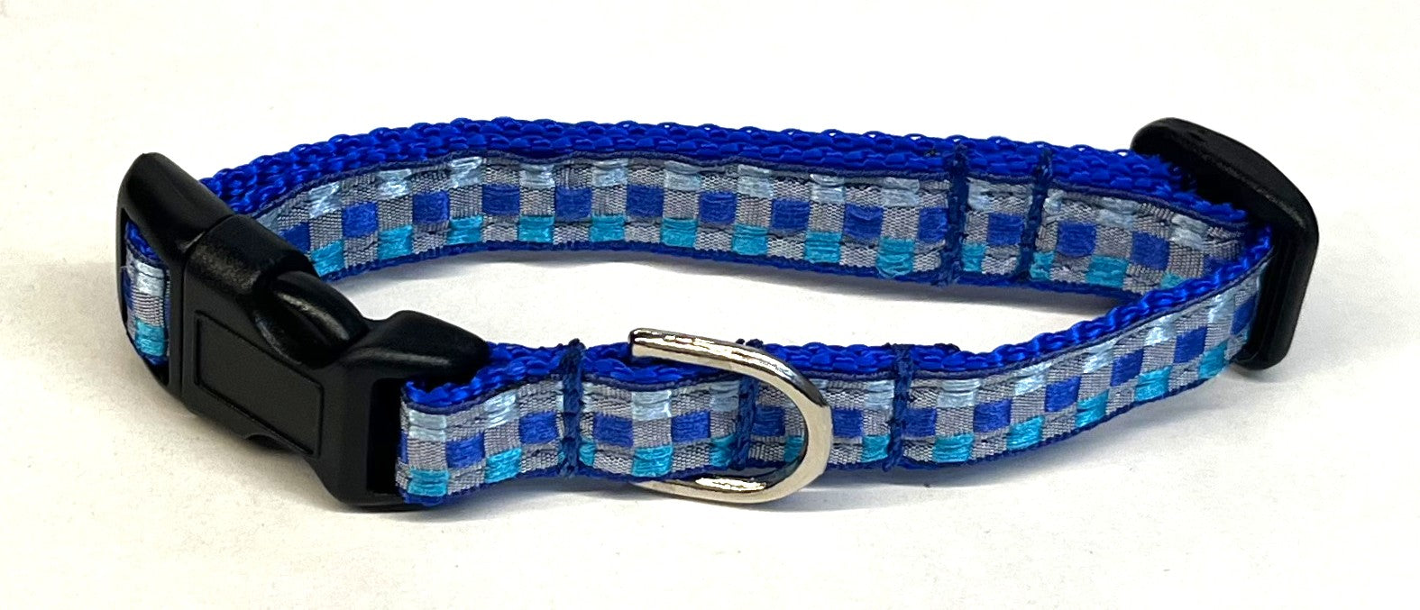 Pale Blue, Light Blue, Blue & Turquoise Plaid Dog Collar 1/2