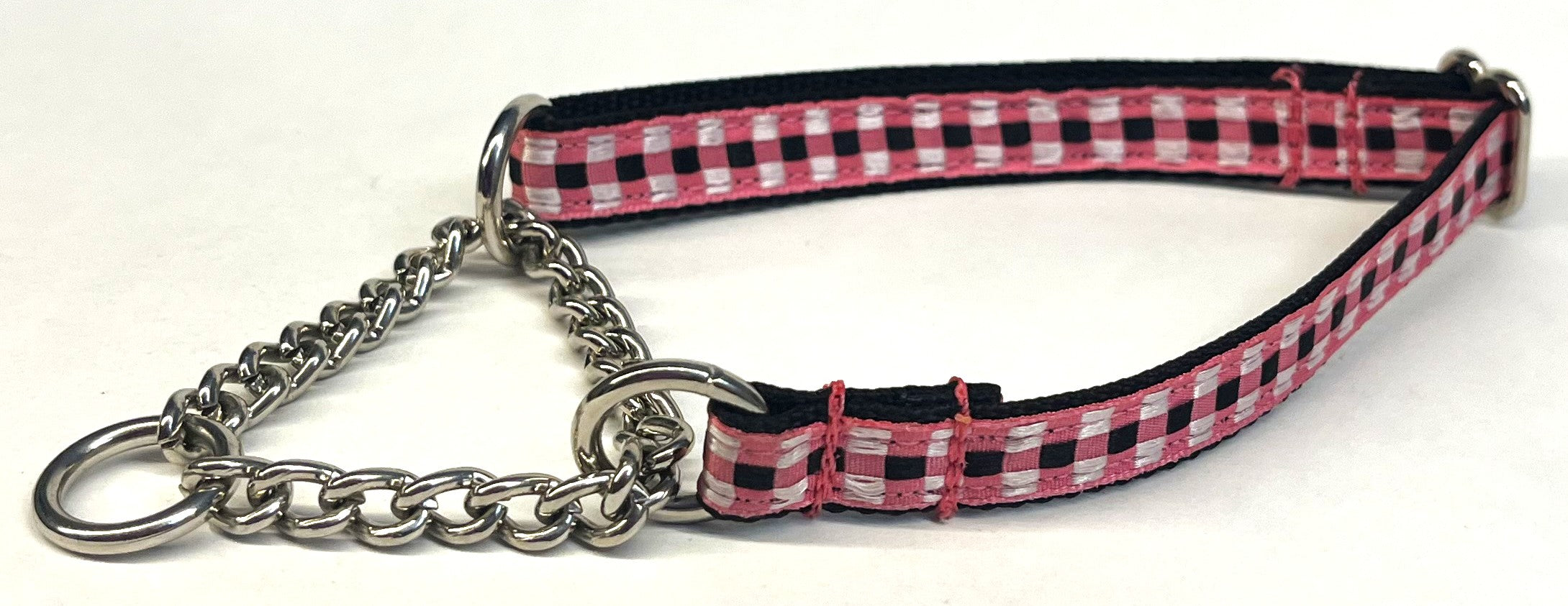 Pink, Black & White Plaid Chain Martingale Collar 1/2