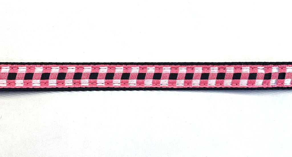 Pink, black, and white plaid dog collar on black webbing, 1/2 inch width