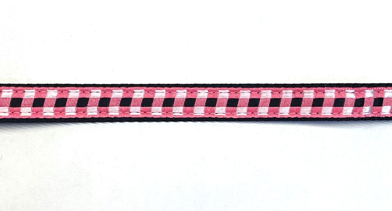 Pink, black, and white plaid dog collar on black webbing, 1/2 inch width