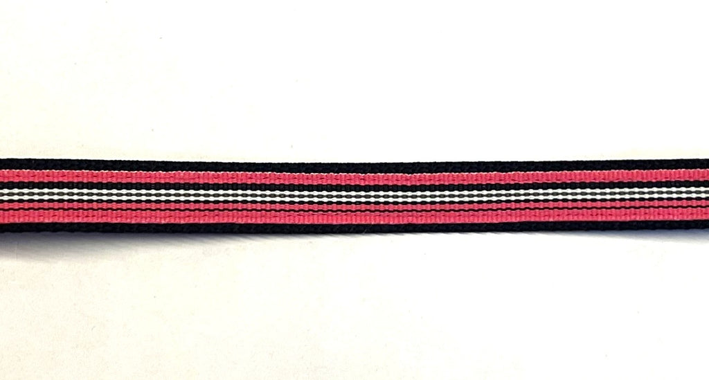 Pink, black, and white striped ribbon on black webbing dog collar