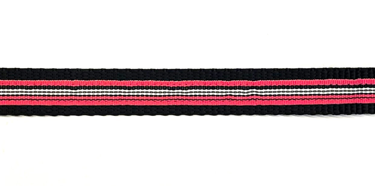 Pink, black, and white stripe dog collar 3/4 inch on black webbing