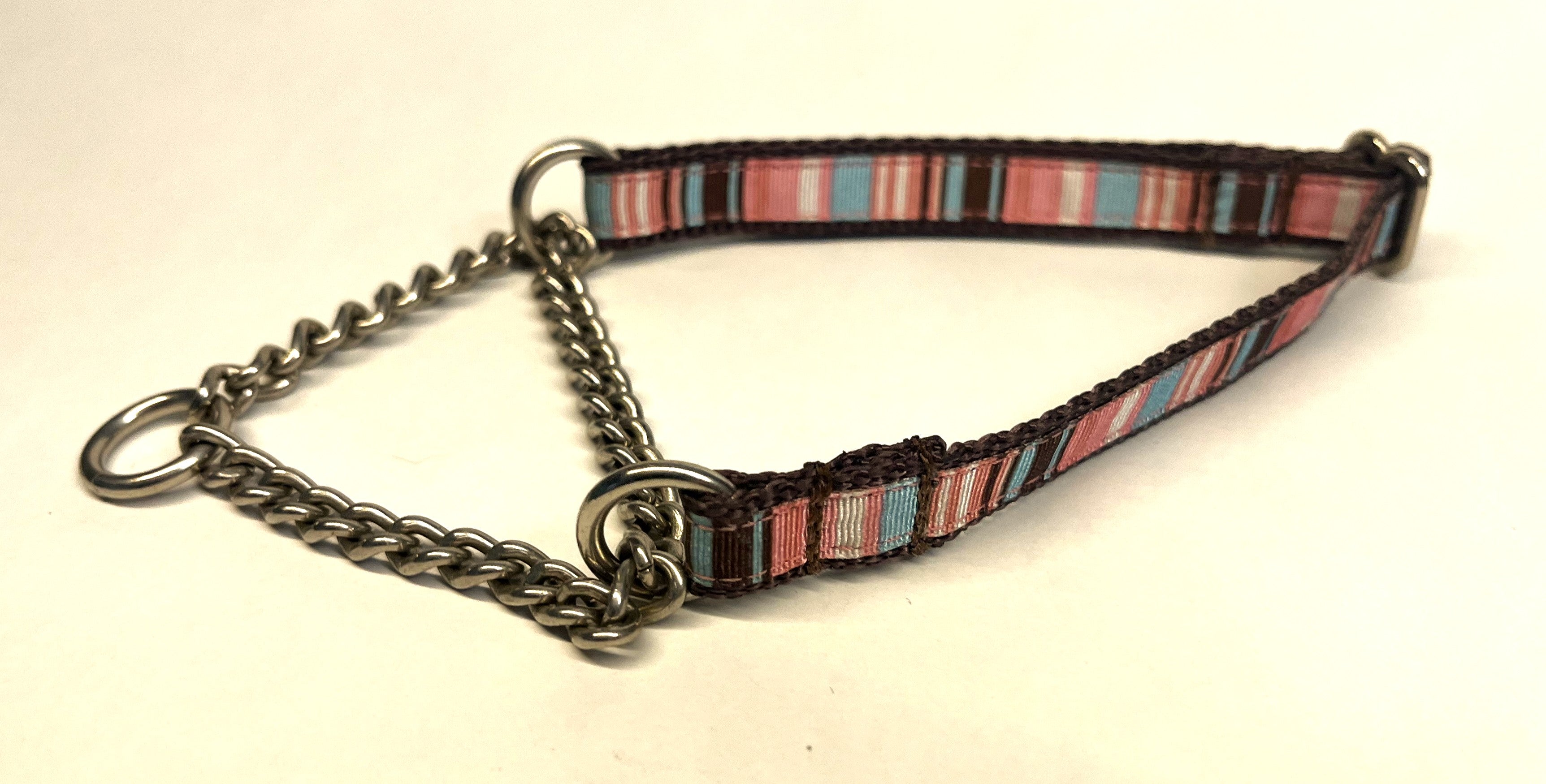 Pink, Blue, White, and Brown Vertical Stripes Chain Martingale Collar 1/2