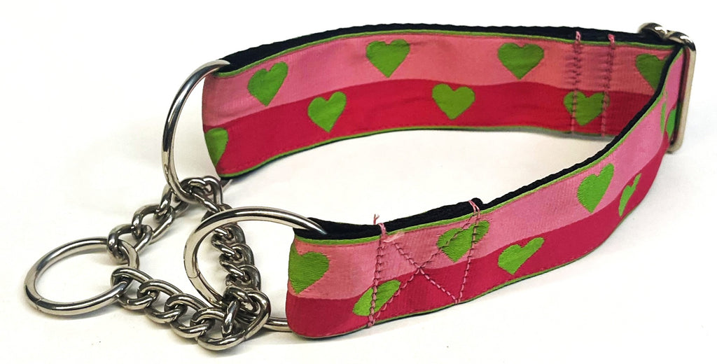 Pink and Dark Pink with Lime Green Hearts Chain Martingale Collar 1 1/2 in