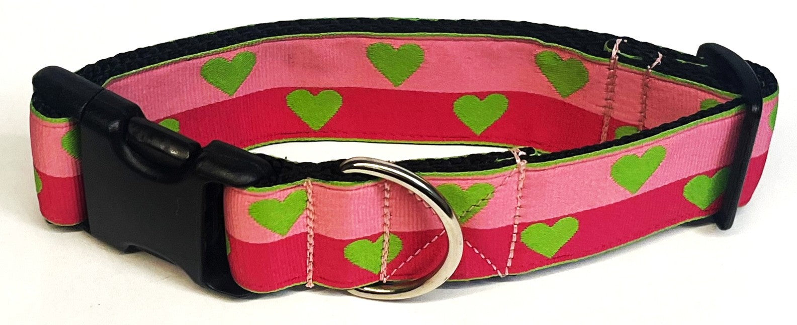 Pink and Dark Pink with Lime Green Hearts Dog Collar 1 1/2 in