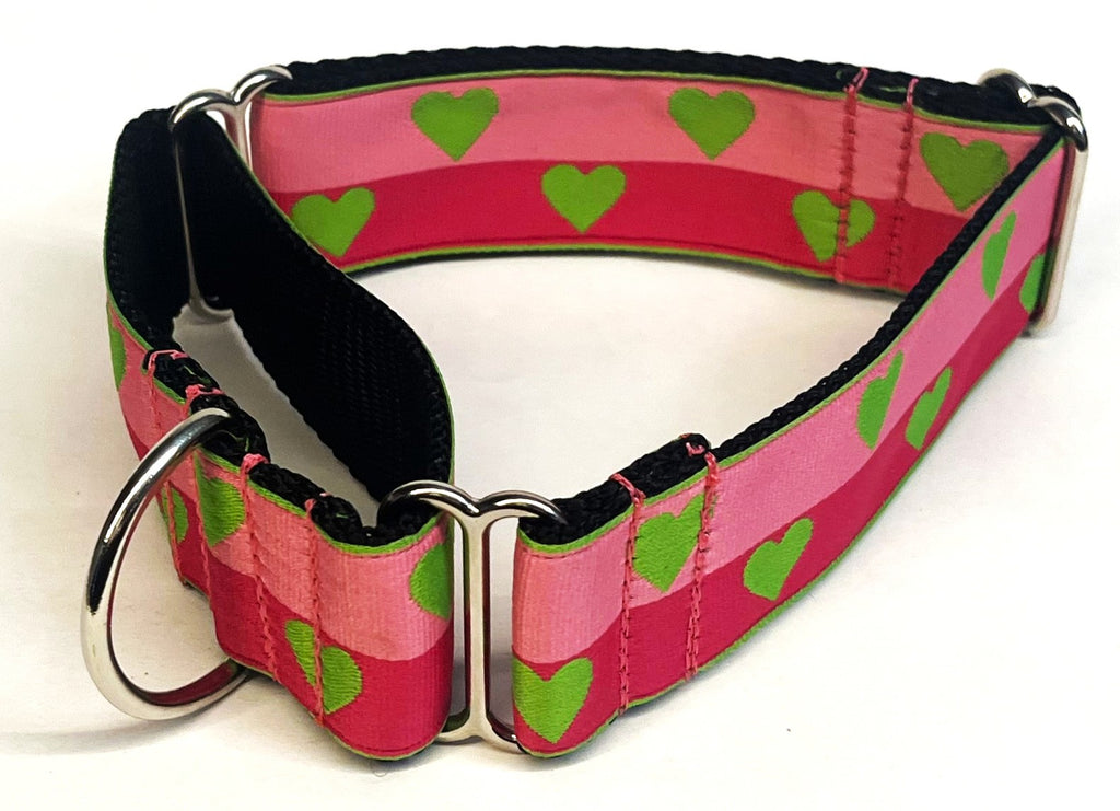 Pink and Dark Pink with Lime Green Hearts Martingale Collar 1 1/2 in
