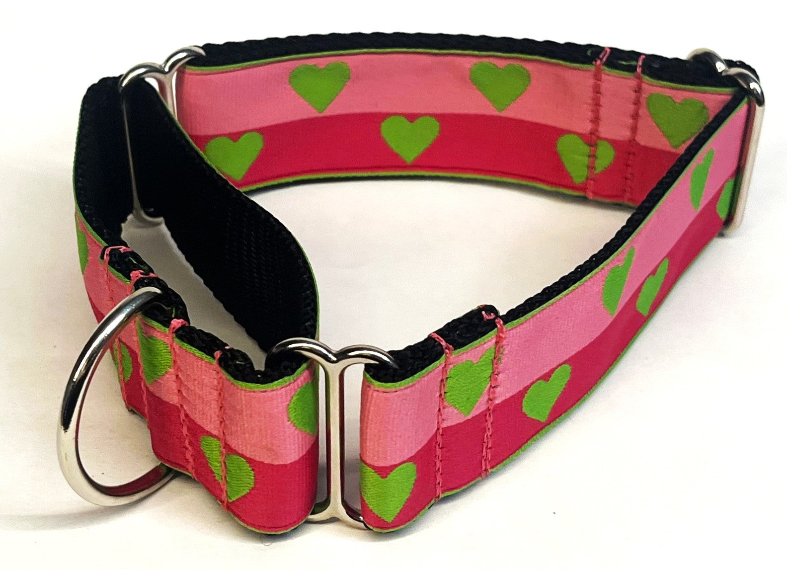 Pink and Dark Pink with Lime Green Hearts Martingale Collar 1 1/2 in