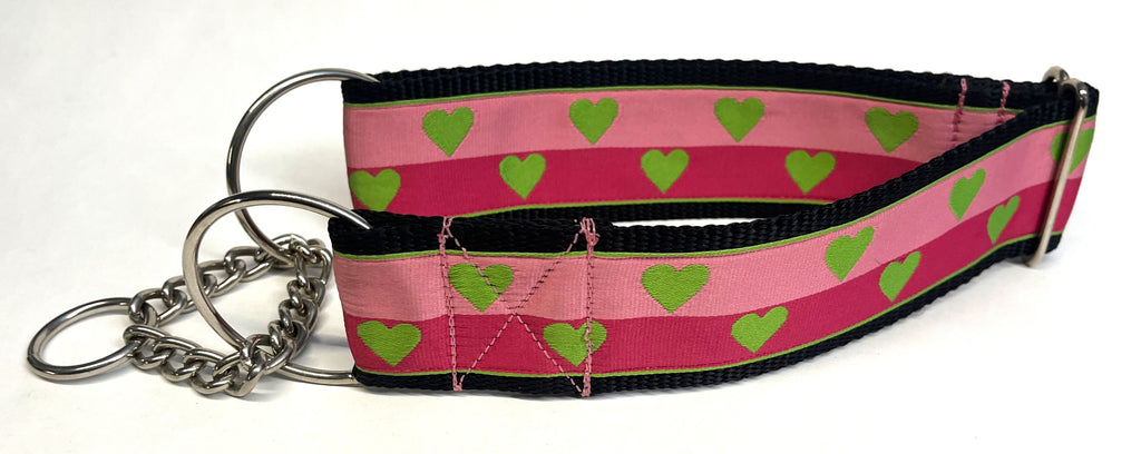 Pink and Dark Pink with Green Hearts Chain Martingale Collar 2in