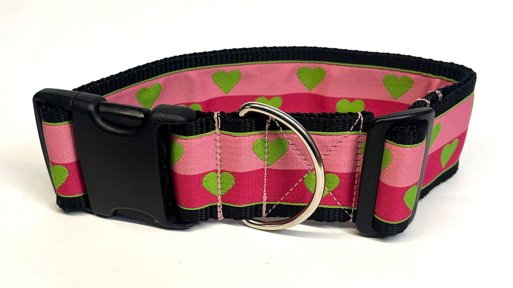 Pink and Dark Pink with Green Hearts Dog Collar 2in