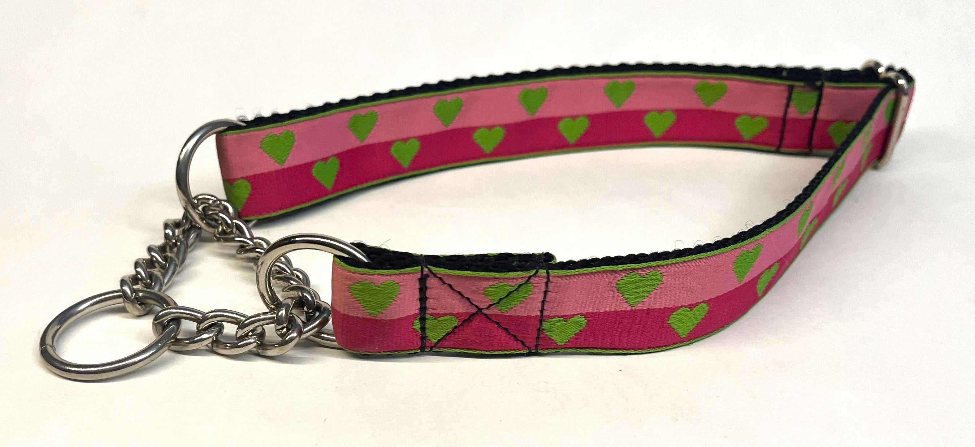 Pink and Dark Pink with Green Hearts Chain Martingale Collar 1in