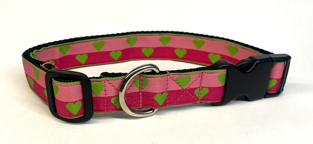 Pink and Dark Pink with Green Hearts Dog Collar 1in