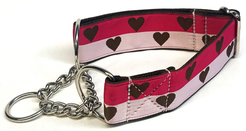 Pink and Light Pink with Brown Hearts Chain Martingale Collar 1 1/2 in