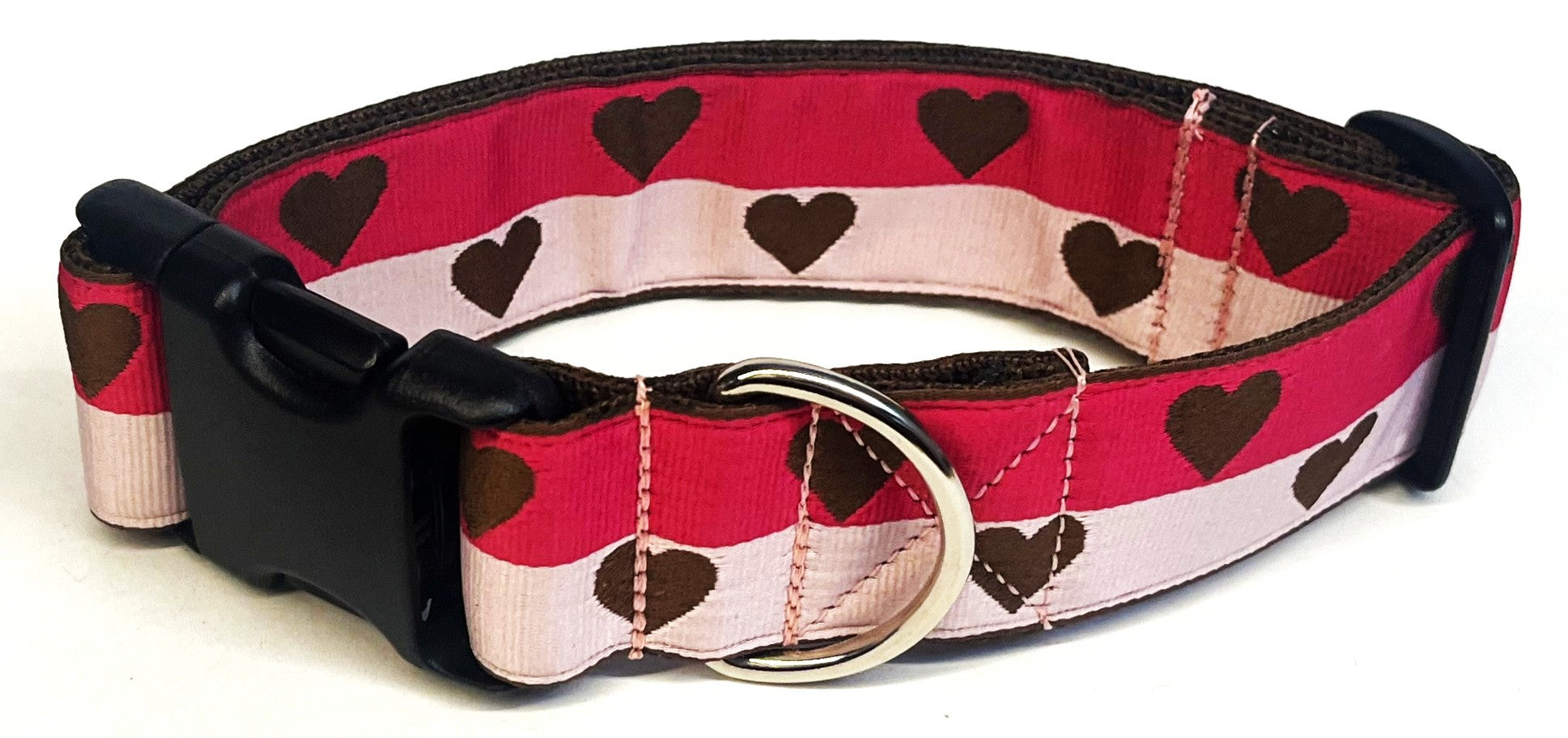 Pink and Light Pink with Brown Hearts Dog Collar 1 1/2 in