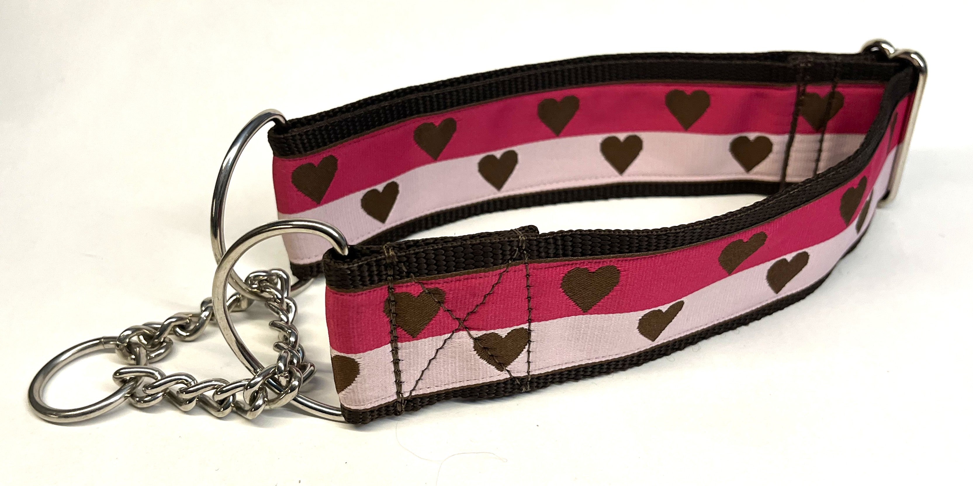 Pink, Light Pink with Brown Hearts Chain Martingale Collar 2in