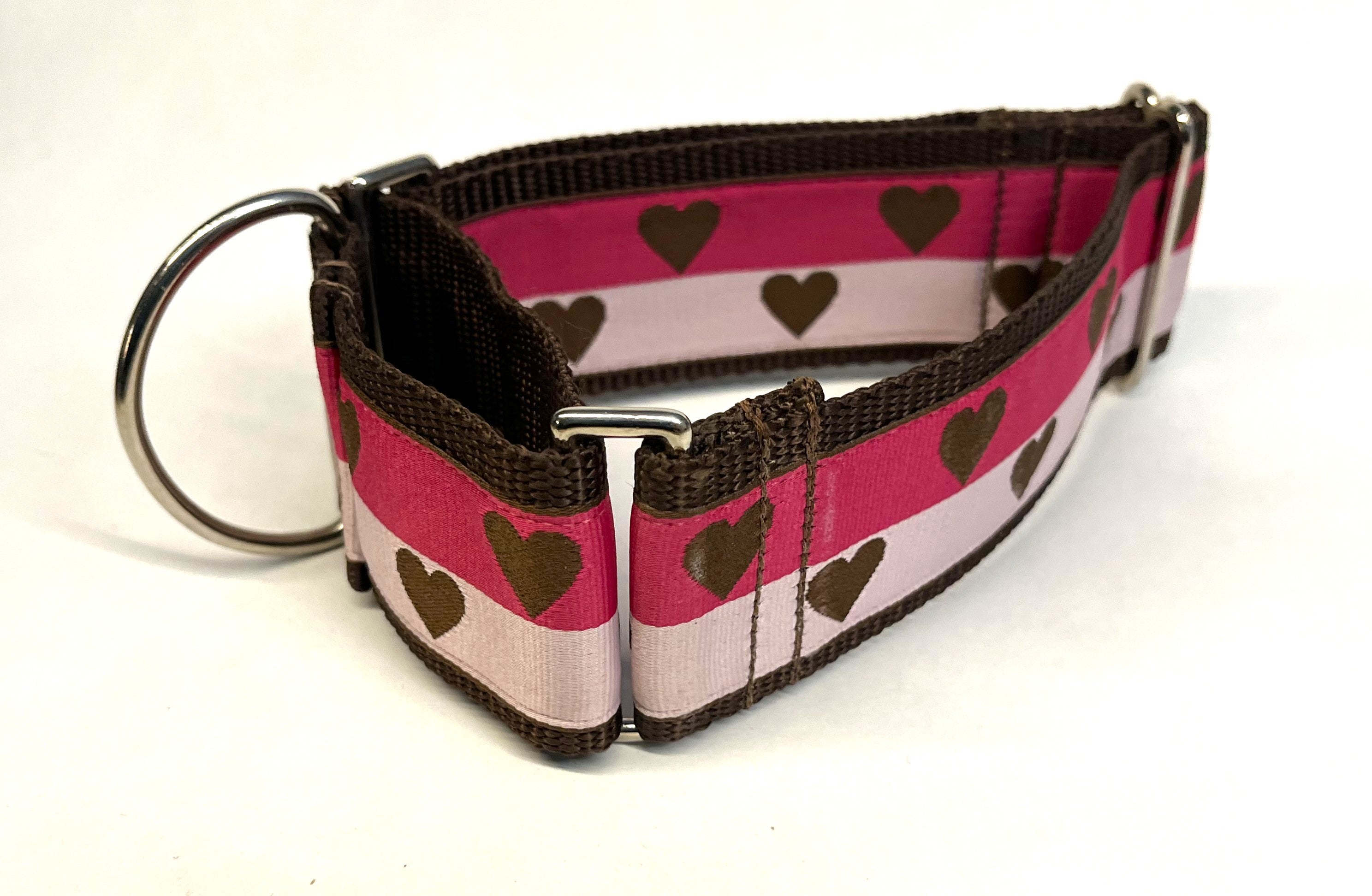 Pink, Light Pink with Brown Hearts Martingale Collar 2in