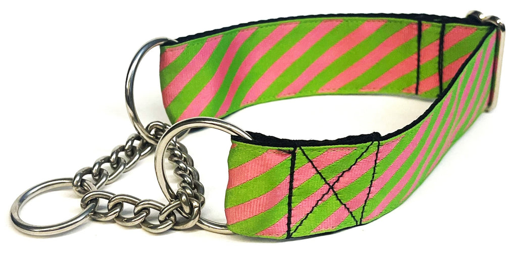 Pink and Lime Green Diagonal Stripe Chain Martingale Collar 1 1/2 in