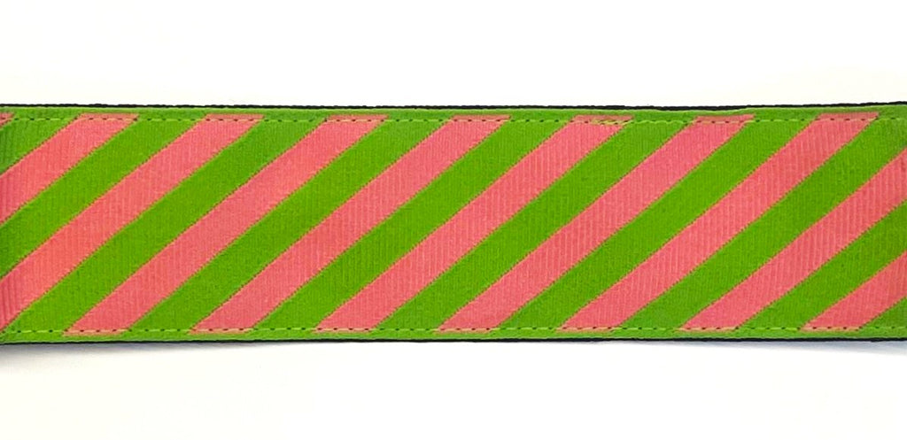 Pink and lime green diagonal stripe chain martingale collar 1 1/2 in
