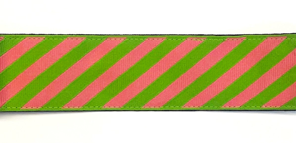 Pink and lime green diagonal stripe chain martingale collar 1 1/2 in