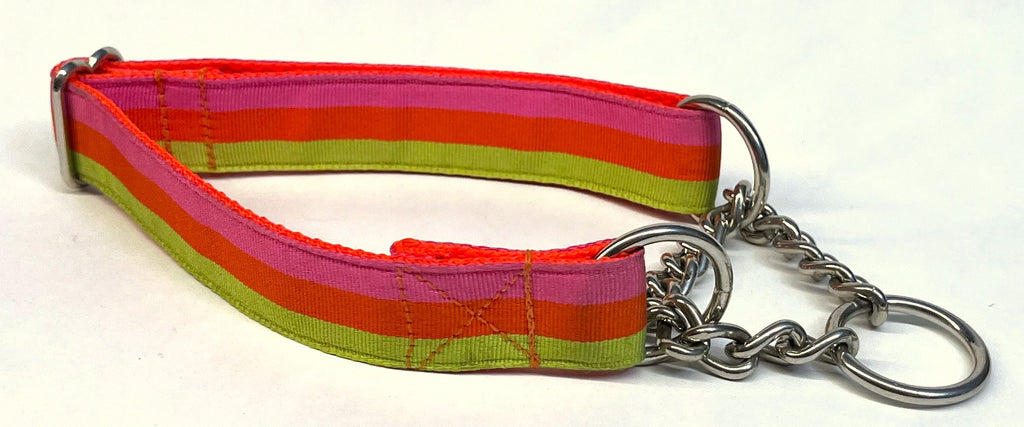 Pink, Orange, and Green Stripe Chain Martingale Collar 1in