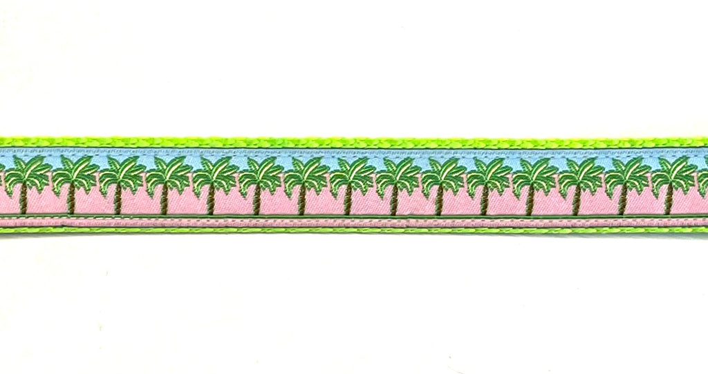 Pink and Blue with Palm Trees Dog Collar 3/4 inch on green webbing