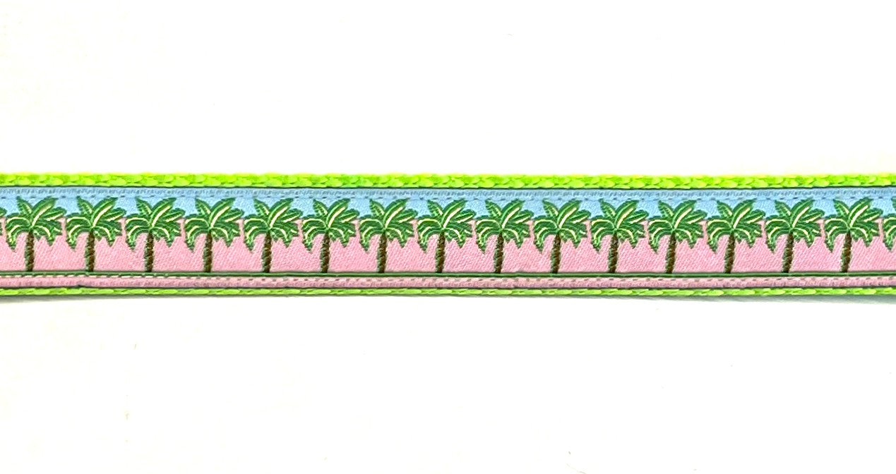 Pink and Blue with Palm Trees Dog Collar 3/4 inch on green webbing