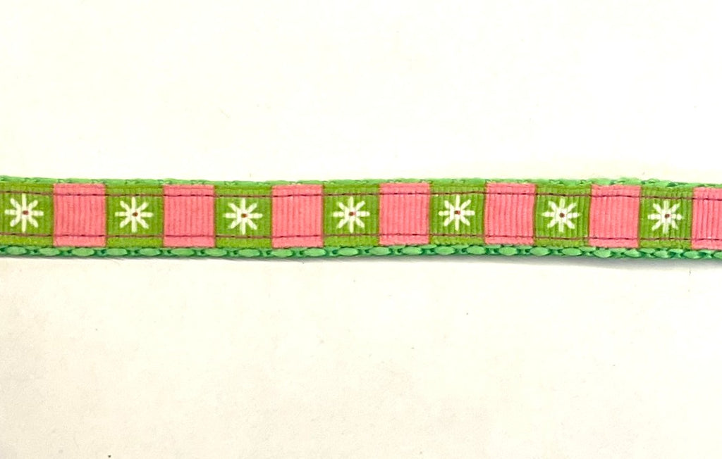 Pink and green checkered ribbon with white daisy flowers dog collar on green webbing