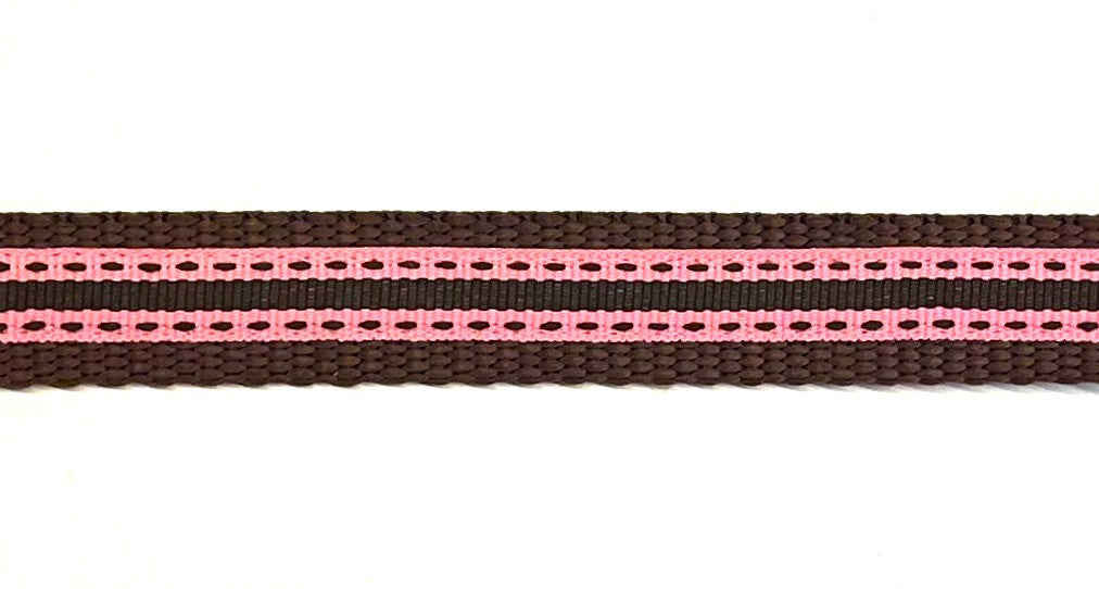 Pink with brown stripe and dashes dog collar on brown webbing, 3/4 inch width