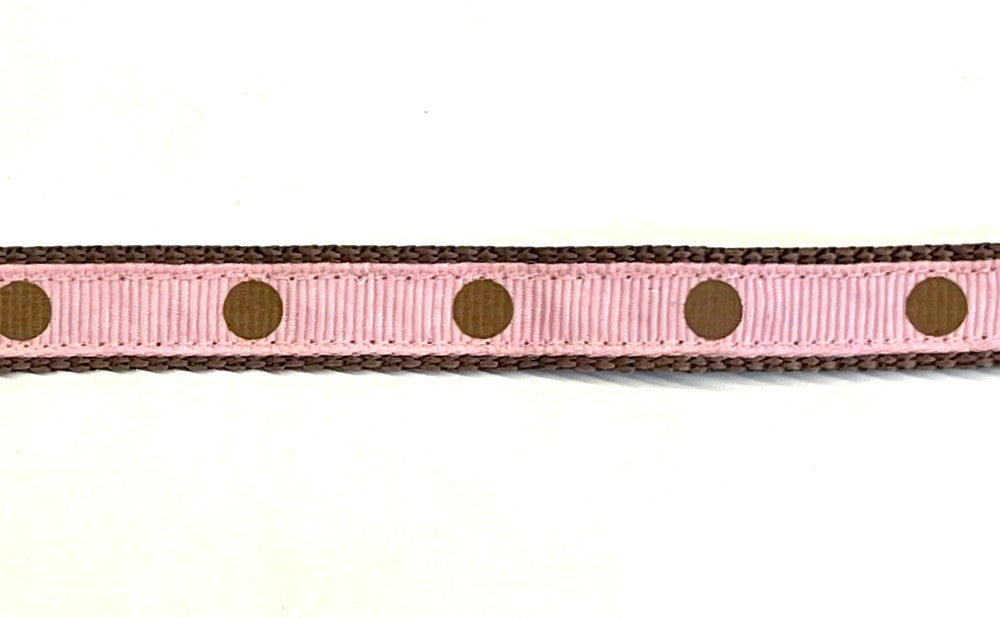 Light pink ribbon with brown dots on brown webbing dog collar