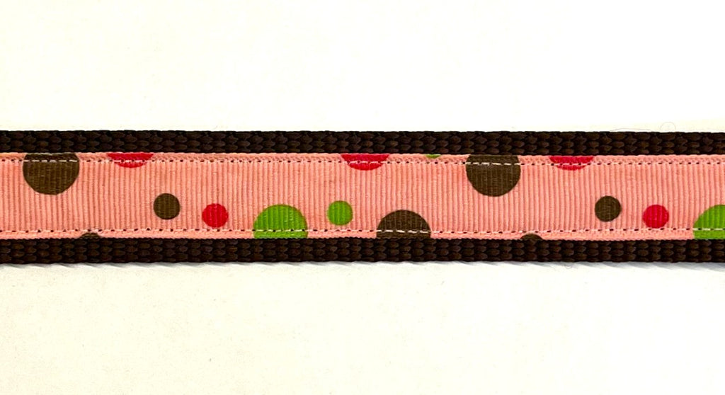 Pink with Brown, Pink, Green Bubble Dots Dog Leash 1in
