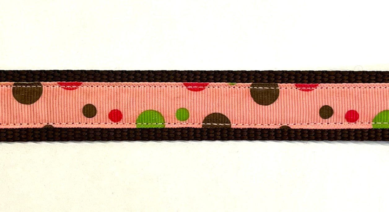 Pink with Brown, Pink, Green Bubble Dots Dog Leash 1in