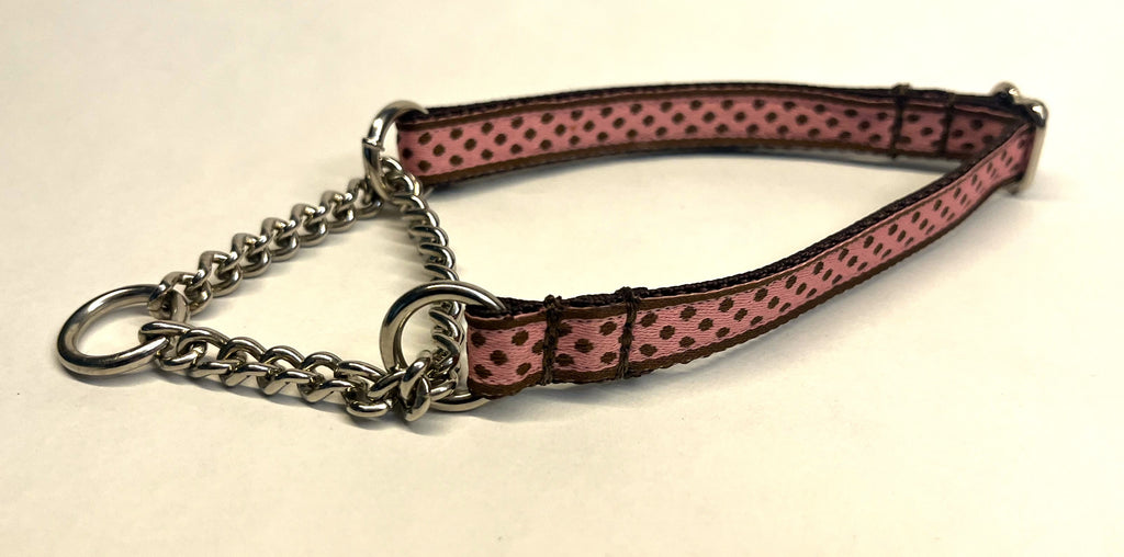 Pink with Brown Polka Dots Chain Martingale Collar 1/2