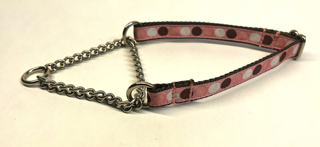 Pink with Brown, White, and Pink Dots Chain Martingale Collar 1/2