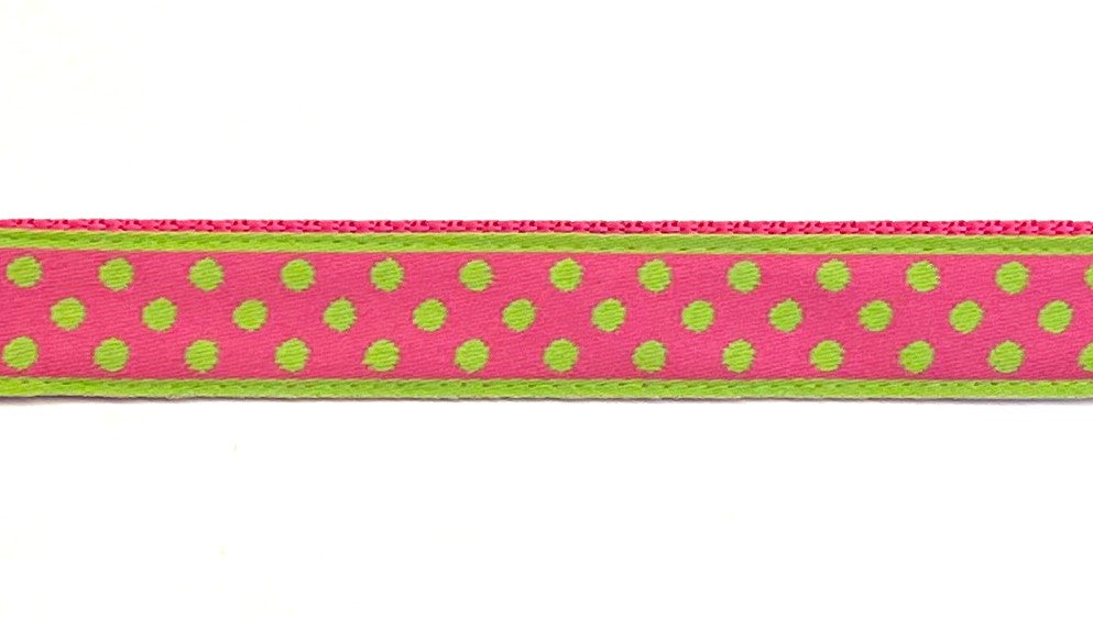 Pink with lime green polka dots dog collar on pink webbing