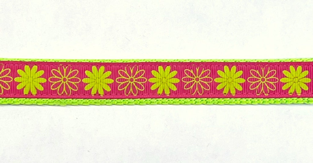 Pink with Lime Green Full and Outline Flowers Dog Collar 3/4 inch on green webbing