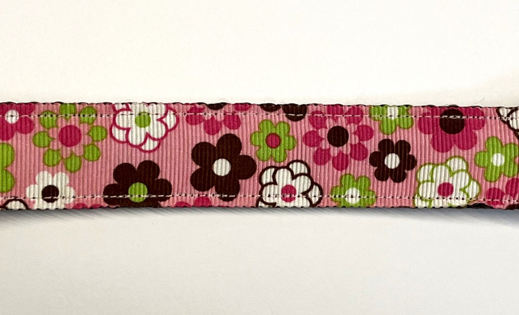 Pink with Pink, Green, White & Brown Flowers Chain Martingale Collar 1in