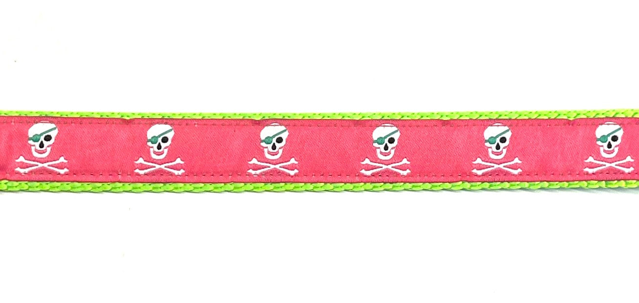 Pink with Pirate Skull and Cross Bones Dog Collar 3/4 inch on green webbing