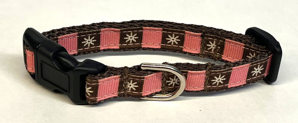 Pink and Brown Squares with White Flowers Dog Collar 1/2
