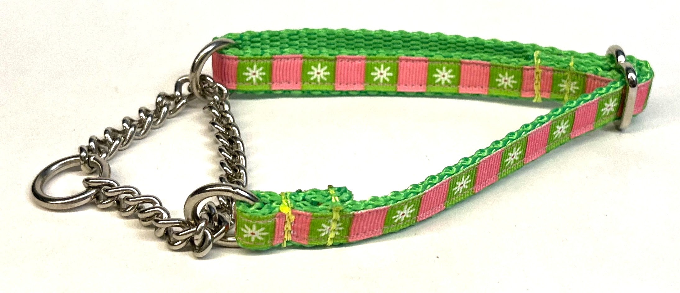 Pink & Green with White Flower Chain Martingale Collar 1/2