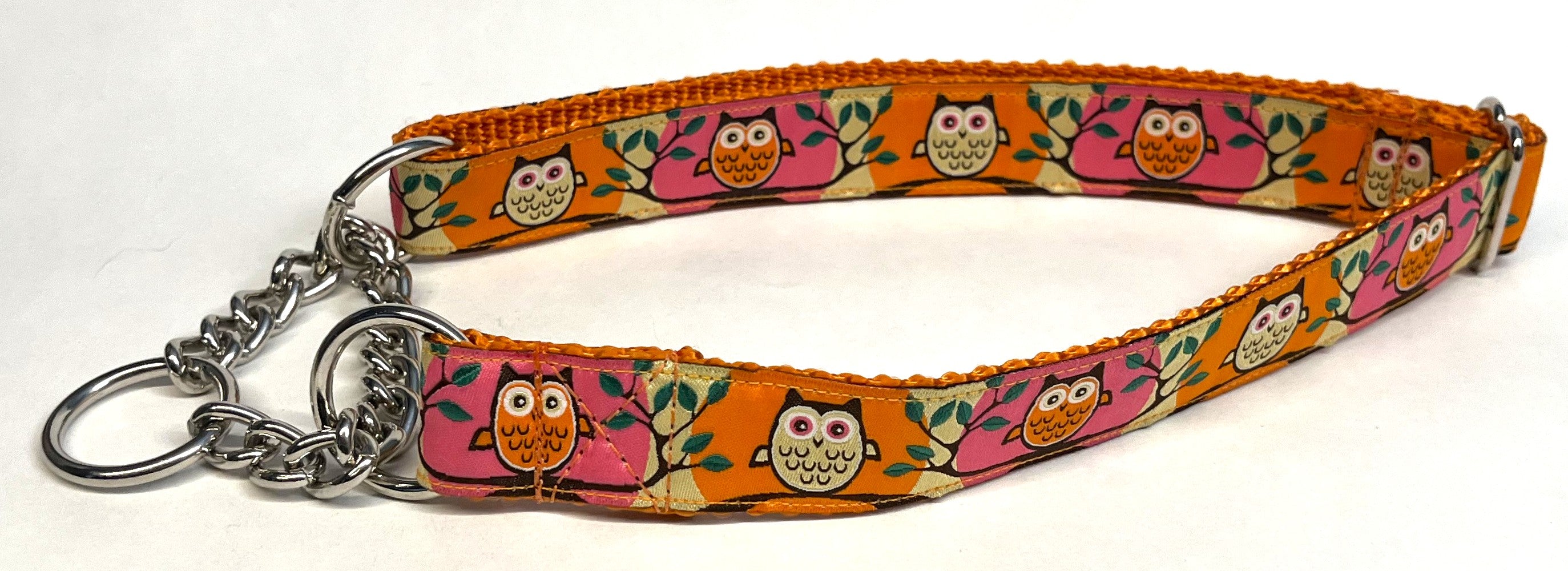 Pink and Orange with Owls Chain Martingale Collar 1in