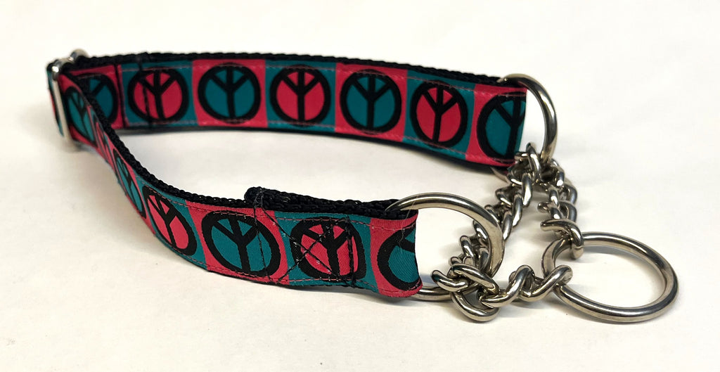 Pink and Teal Peace Signs Chain Martingale Collar 1in