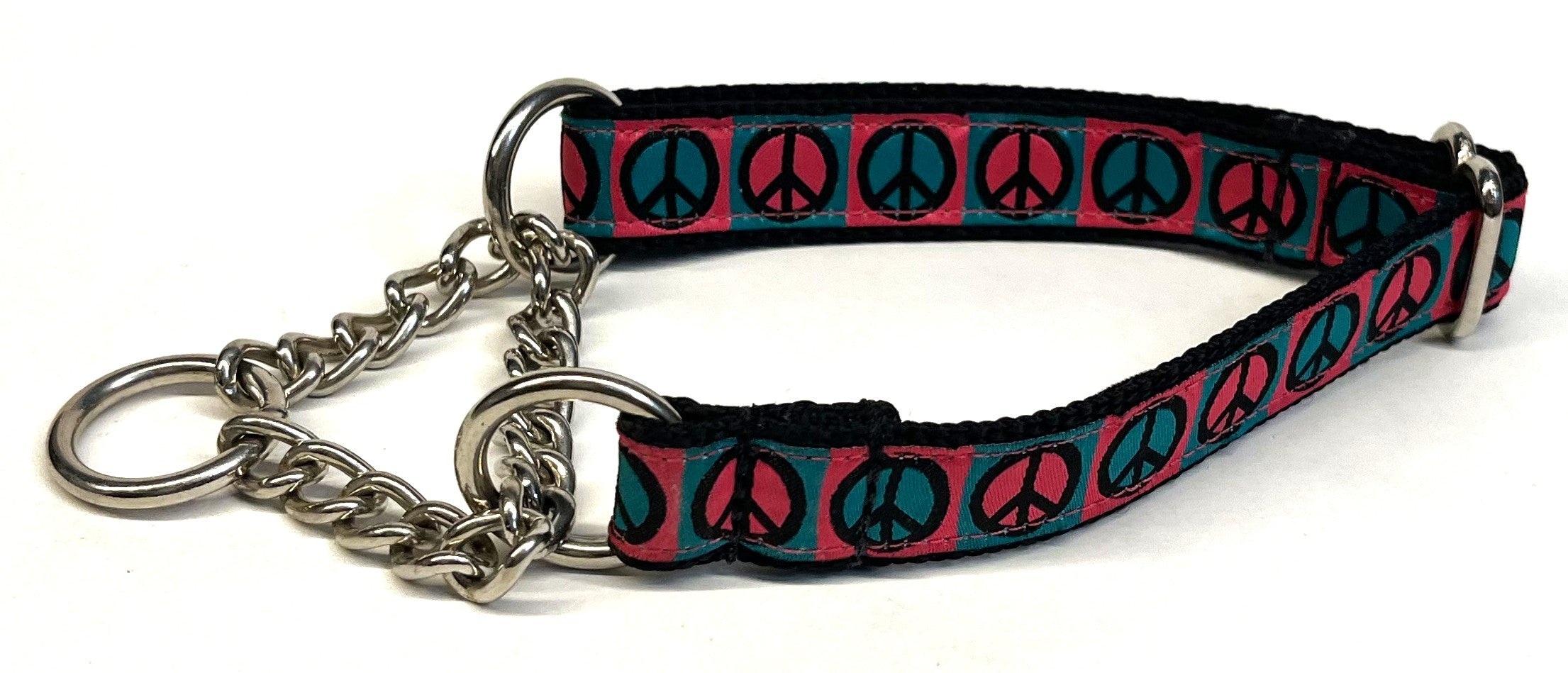 Pink and Teal Peace Signs Chain Martingale Collar 3/4