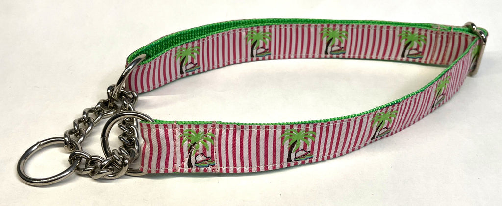 Pink and White Stripe with Palm Trees Chain Martingale Collar 1in
