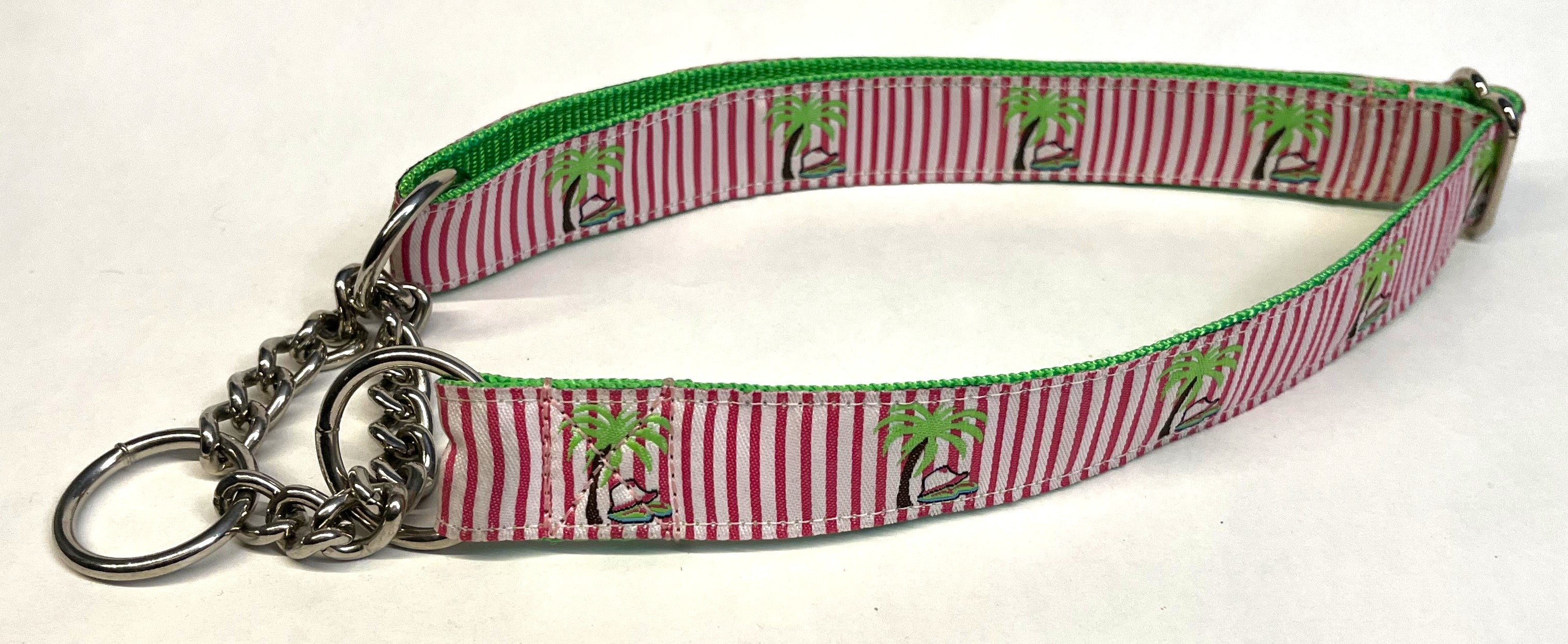 Pink and White Stripe with Palm Trees Chain Martingale Collar 1in