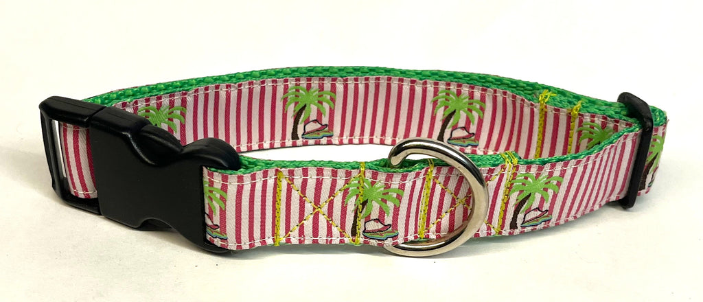 Pink and White Stripe with Palm Trees Dog Collar 1in