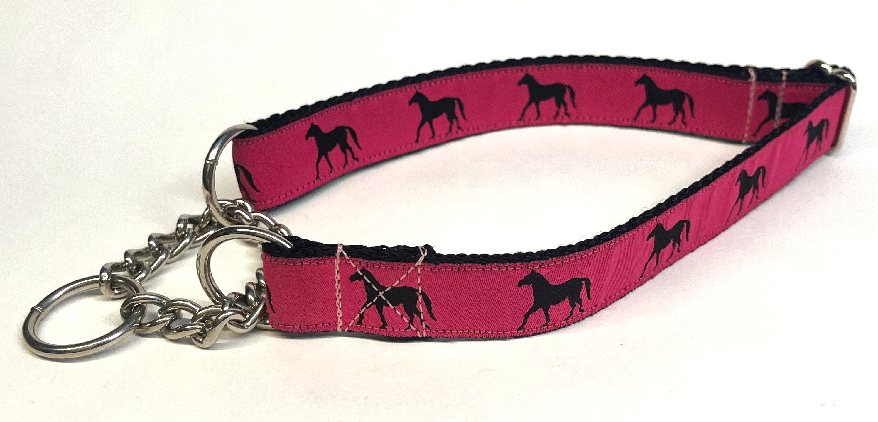 Pink with Black Horses Chain Martingale Collar 1in