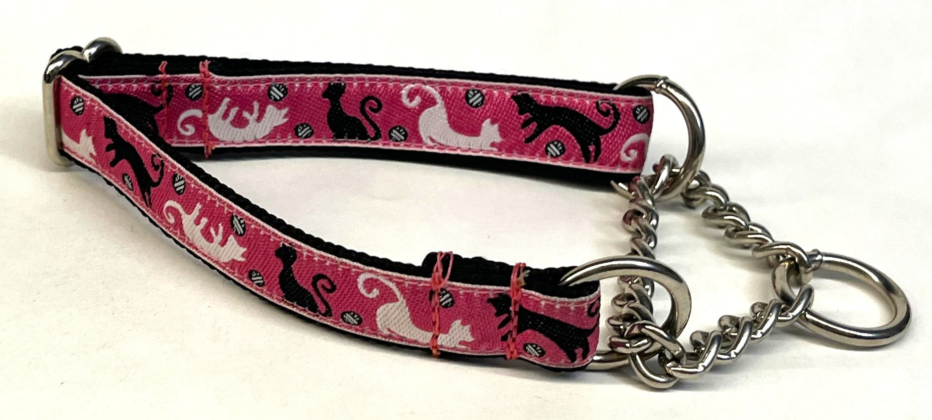 Pink with Black and White Cats Chain Martingale Collar 3/4